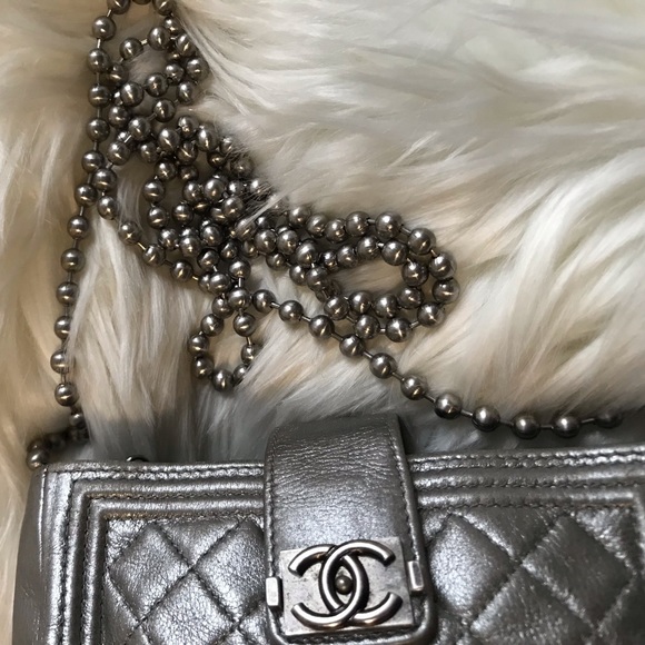 Authentic Chanel Mini Boy Lambskin Metallic Crossbody Bag Clutch Wallet on Chain - Picture 3 of 16